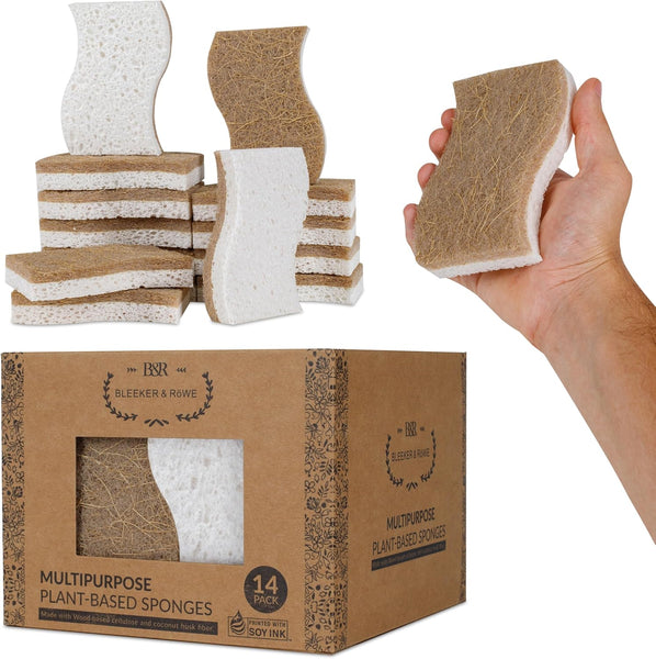 Natural Kitchen Sponge - Biodegradable Compostable Plant Based Coconut Scrubber Sponge - 14pcs