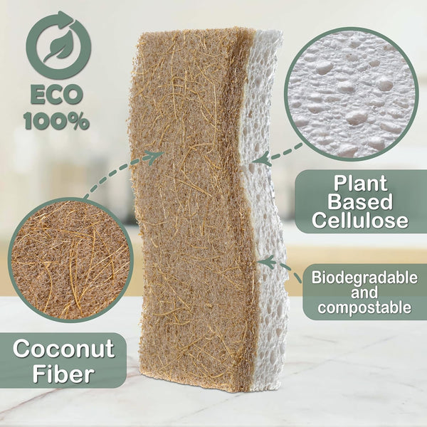 Natural Kitchen Sponge - Biodegradable Compostable Plant Based Coconut Scrubber Sponge - 14pcs