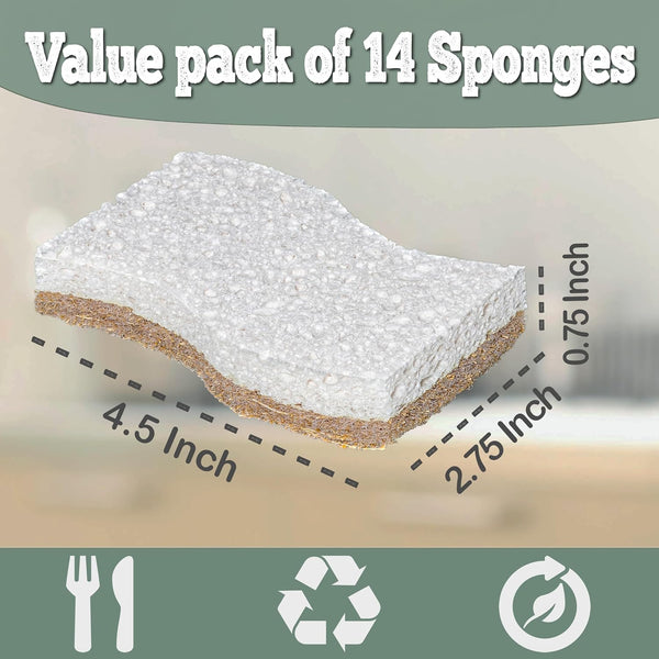 Natural Kitchen Sponge - Biodegradable Compostable Plant Based Coconut Scrubber Sponge - 14pcs